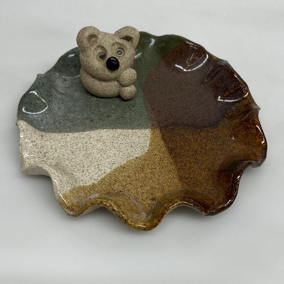 Handmade Ring Trinket Dish w/ Koala Bear Browns Tans Ruffled Edge - Picture 1 of 7